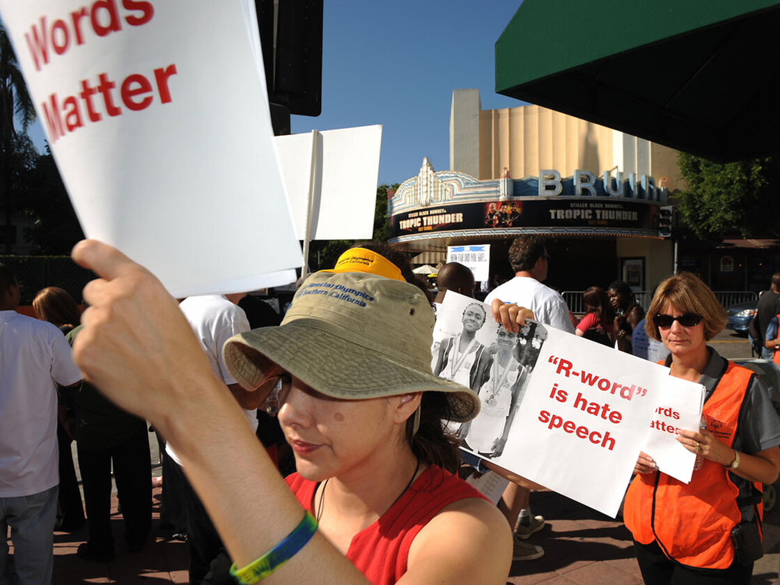 Protesters demonstrate against 'Tropic Thunder' at its Los Angeles premiere in August.