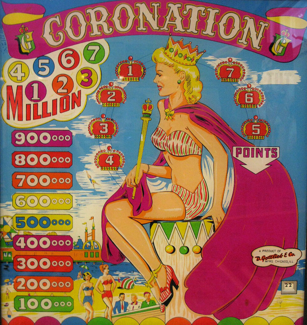 Closeup of the Coronation pinball game.