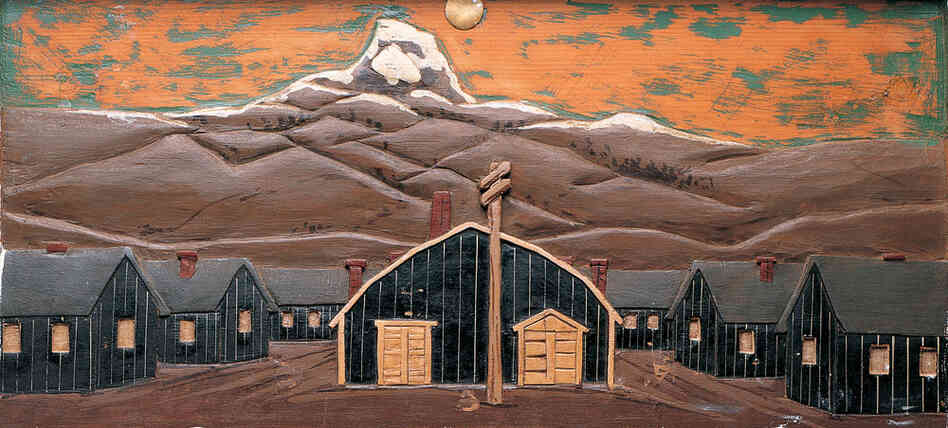 Camp scene, wood paint Camp scene, wood paint