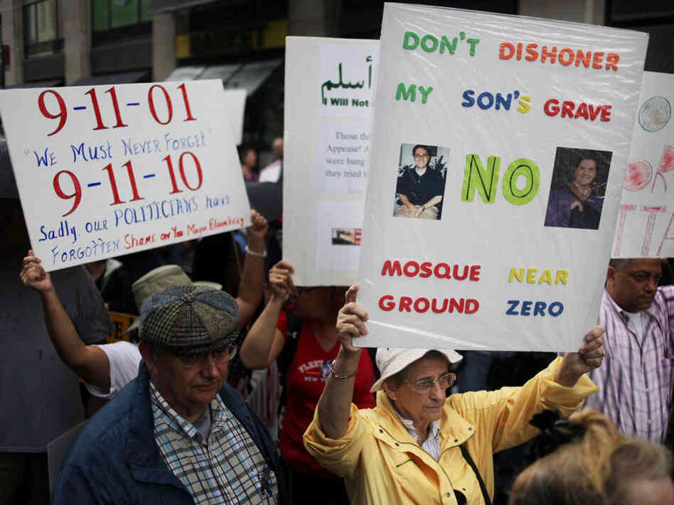 People participate in a rally against a proposed Islamic center and mosque in New York City.