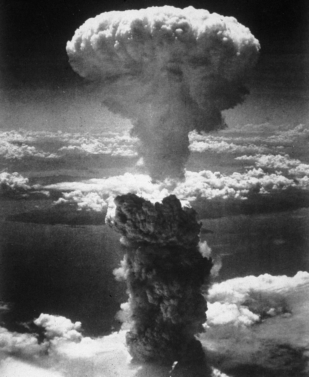 A mushroom cloud rises into the air after the atom bomb was dropped on Nagasaki, Japan.