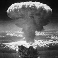 A mushroom cloud rises into the air after the atom bomb was dropped on Nagasaki, Japan.