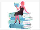 Illustration: A woman reads on top of a stack of books. Illustration: A woman reads on top of a stack of books.