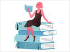 Illustration: A woman reads on top of a stack of books. Illustration: A woman reads on top of a stack of books.