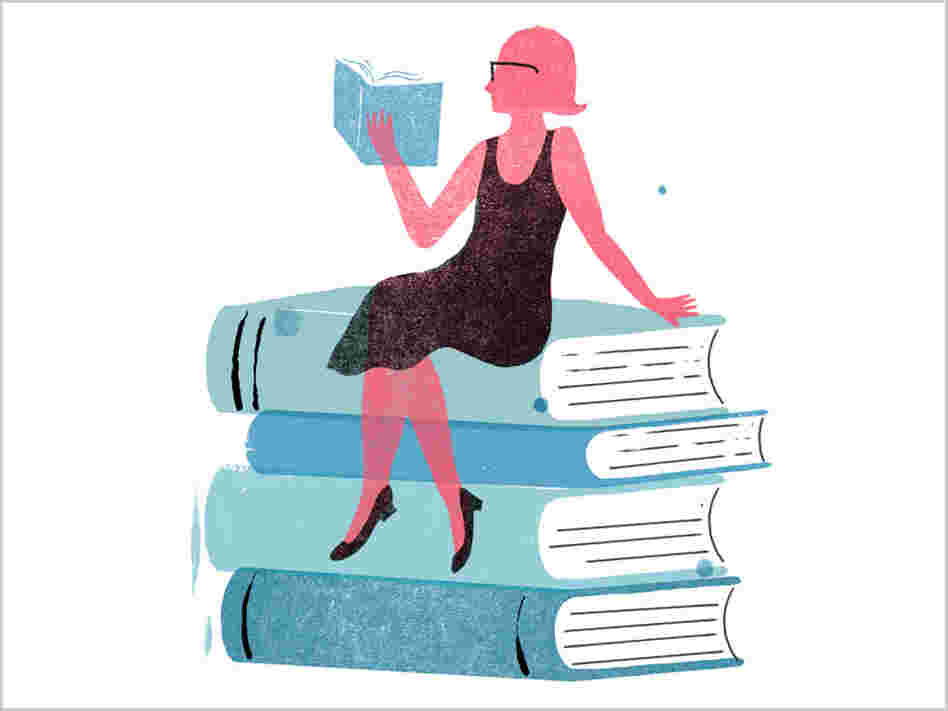 Illustration: A woman reads on top of a stack of books. Illustration: A woman reads on top of a stack of books.