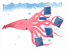 Illustration: A squid swims along, holding books in his tentacles.