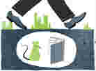 Illustration: Mouse below street reads book as man's shoes walk above.