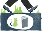 Illustration: Mouse below street reads book as man's shoes walk above. Illustration: Mouse below street reads book as man's shoes walk above.