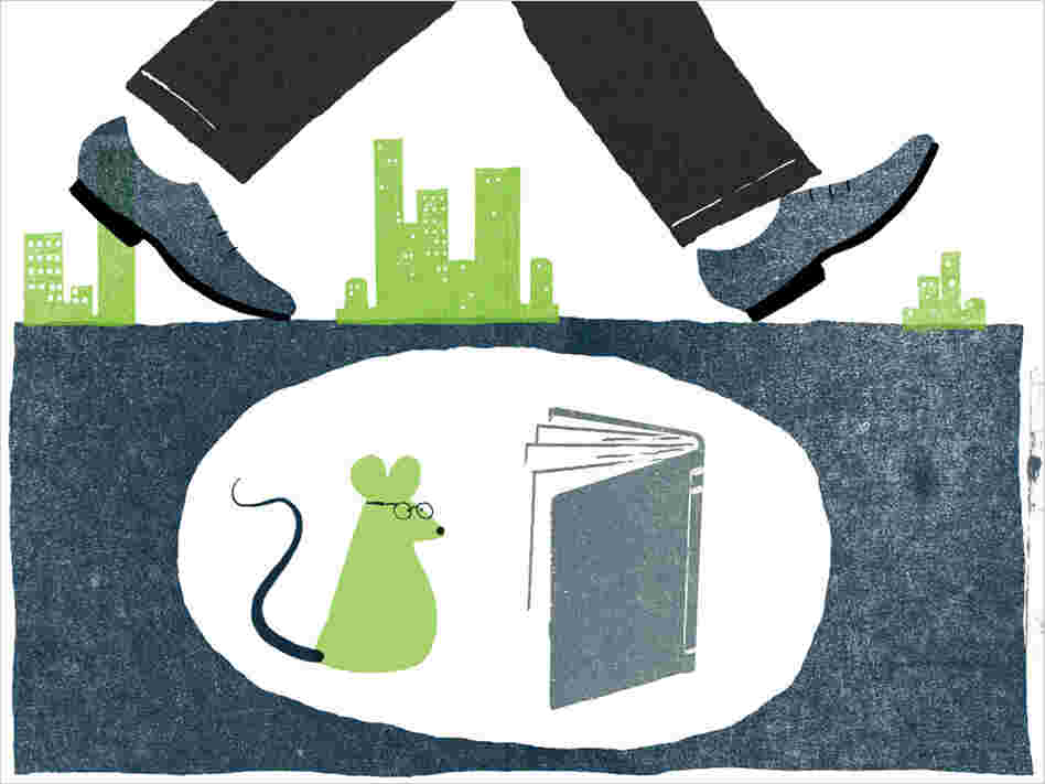 Illustration: Mouse below street reads book as man's shoes walk above. Illustration: Mouse below street reads book as man's shoes walk above.