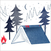 Illustration: Camp scene with book as tent.