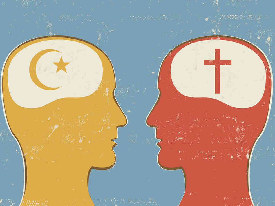 Illustration of Christian and Islam symbols inside human heads