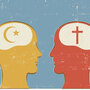 Illustration of Christian and Islam symbols inside human heads Illustration of Christian and Islam symbols inside human heads