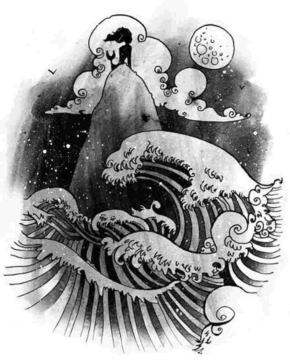 A mermaid whose depiction is inspired by Japanese woodblock prints. 