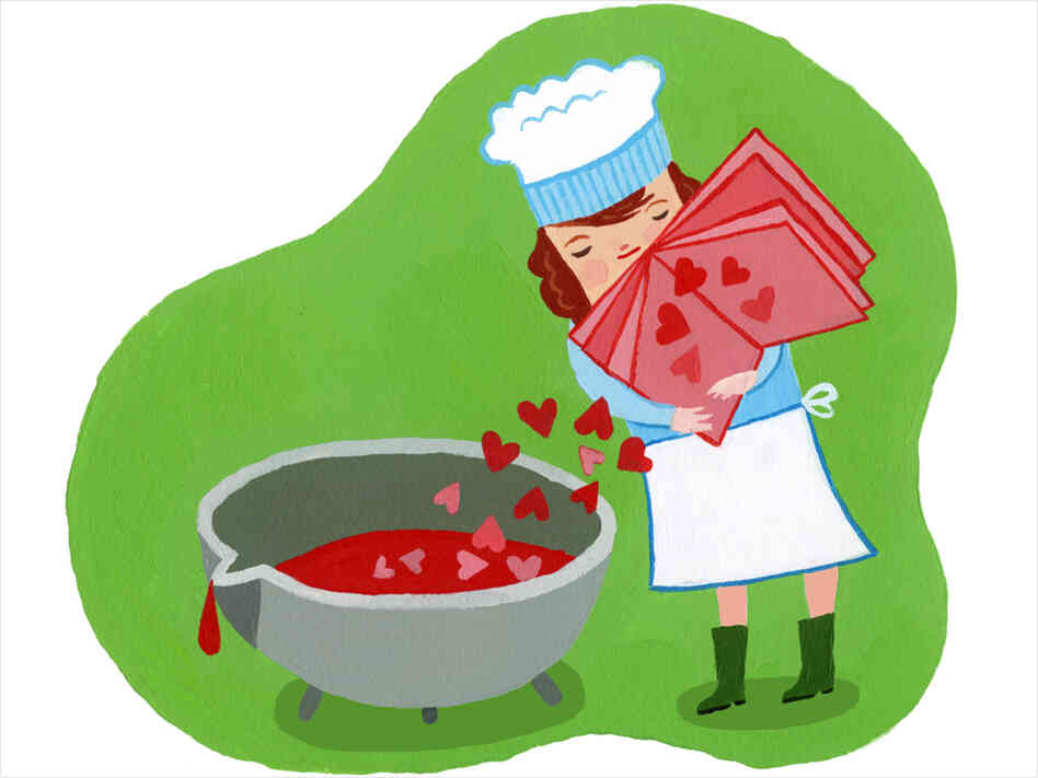 Illustration: Cook pours hearts into a pot. Illustration: Cook pours hearts into a pot.