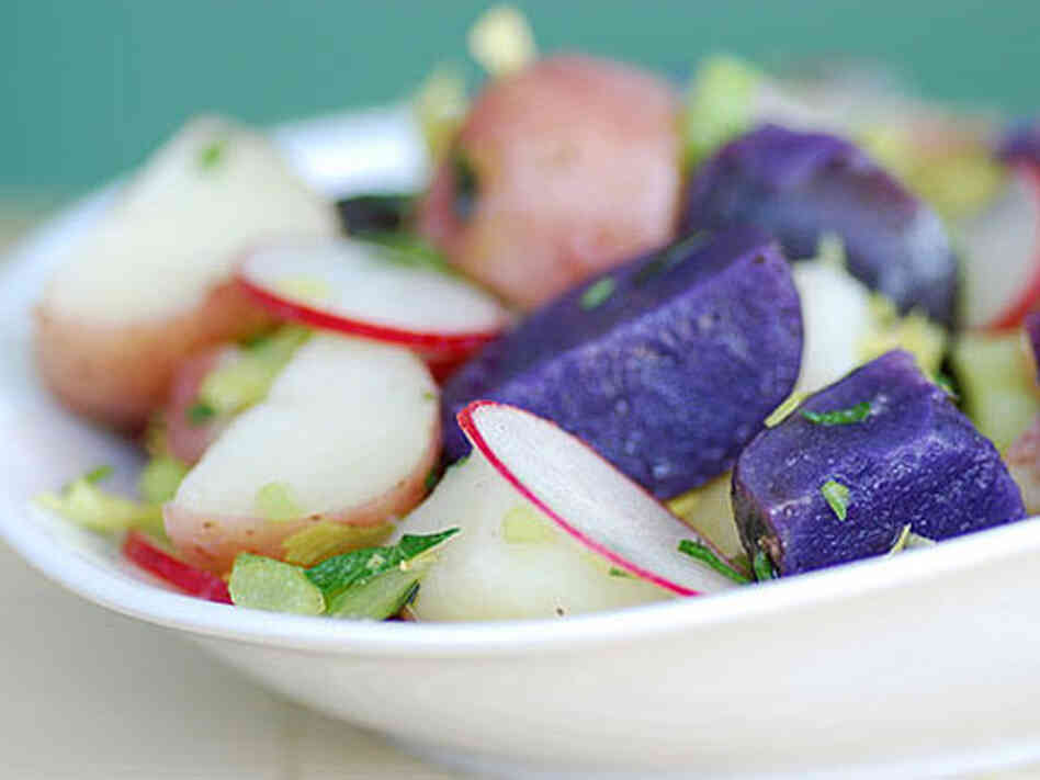 Patriotic Potato Salad features red-skinned and blue or purple potatoes.