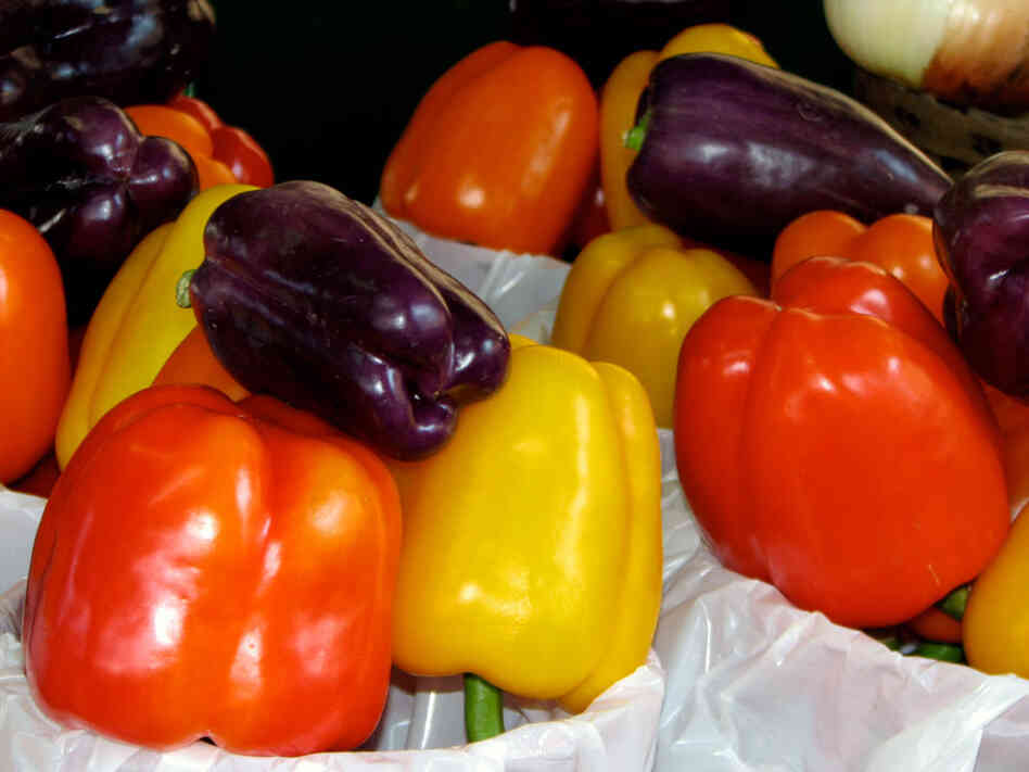 Red, purple and yellow peppers fill bags at a farmers market