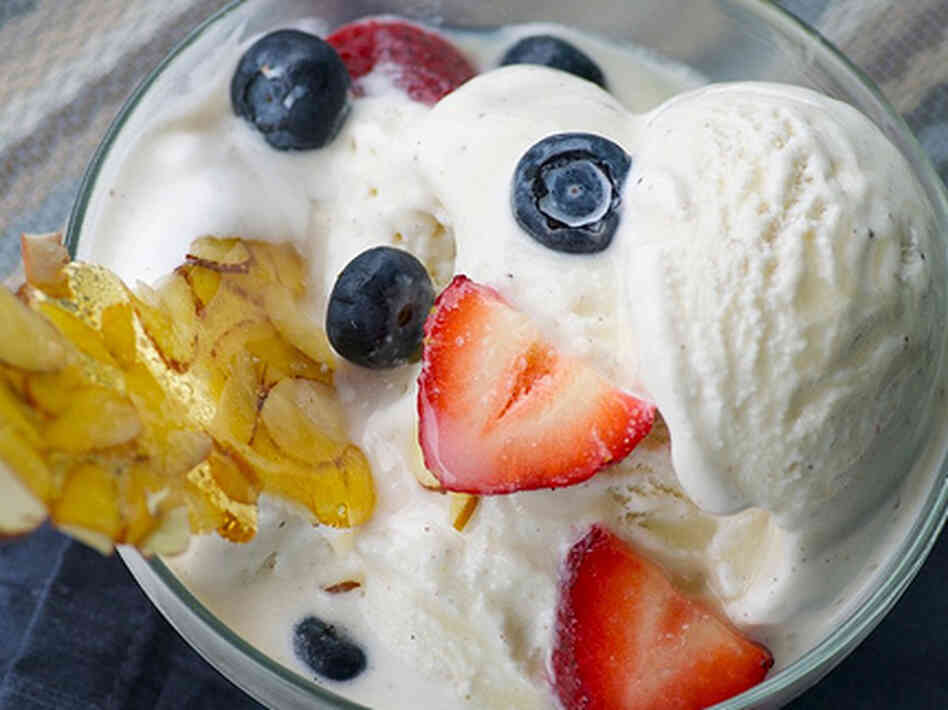 Vanilla Bean Ice Cream With Berries, Limoncello And Almond Brittle Vanilla Bean Ice Cream With Berries, Limoncello And Almond Brittle