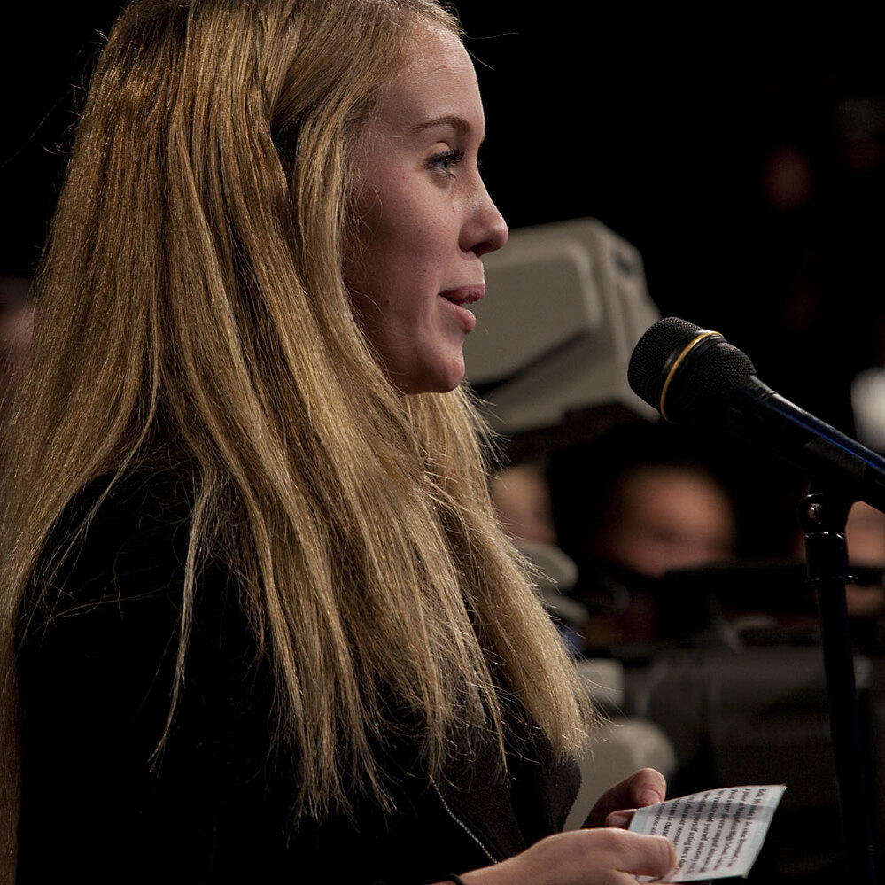 Student Jeremie Beverstock asks a question