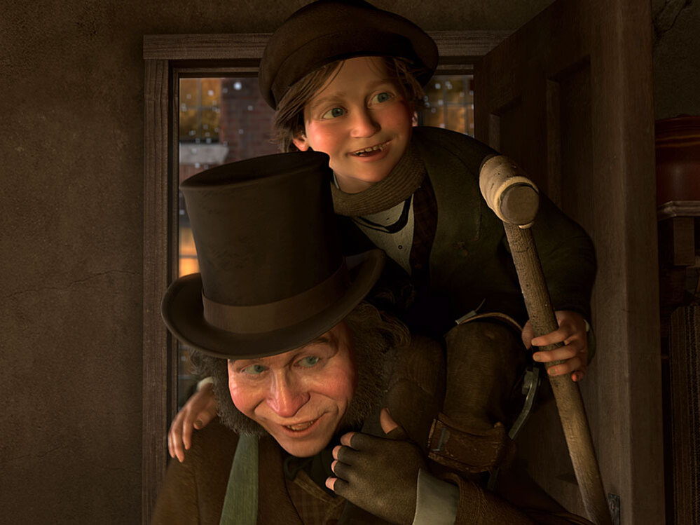 Bob Cratchit and Tiny Tim (both voiced by Gary Oldman) in 'A Christmas Carol'