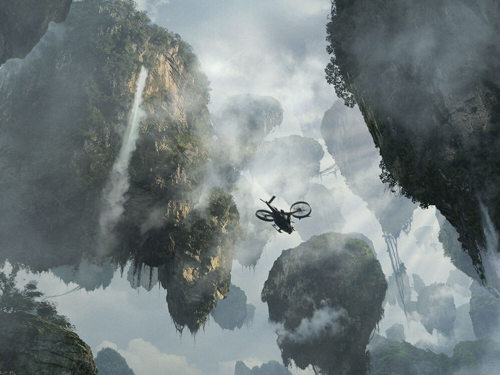 A panoramic image of floating mountains