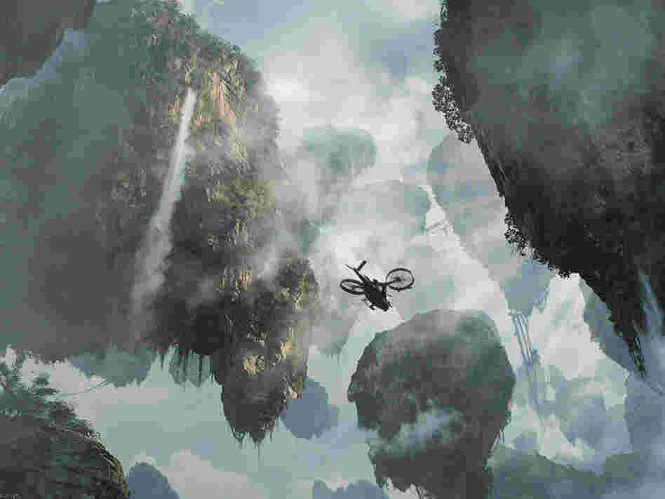 A panoramic image of floating mountains
