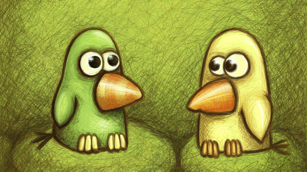 Cartoon birds, one green, one yellow. Credit: Aleksandra Khokhlova, iStockphoto.com.