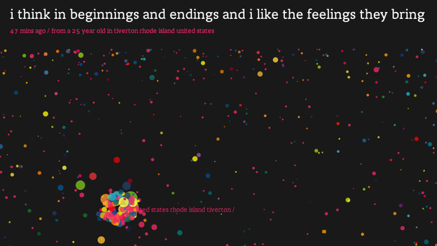 Screenshot from wefeelfine.org. The text reads: i think in beginnings and endings and i like the fee