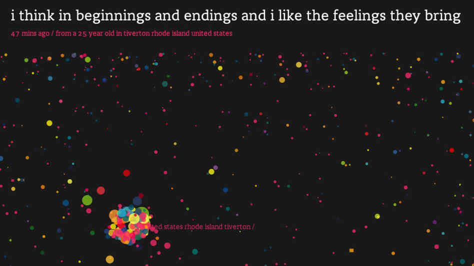 Screenshot from wefeelfine.org. The text reads: i think in beginnings and endings and i like the fee