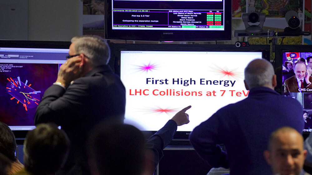 Celebrations at CERN on March 30, 2010 after the first ultra high-energy collisions.