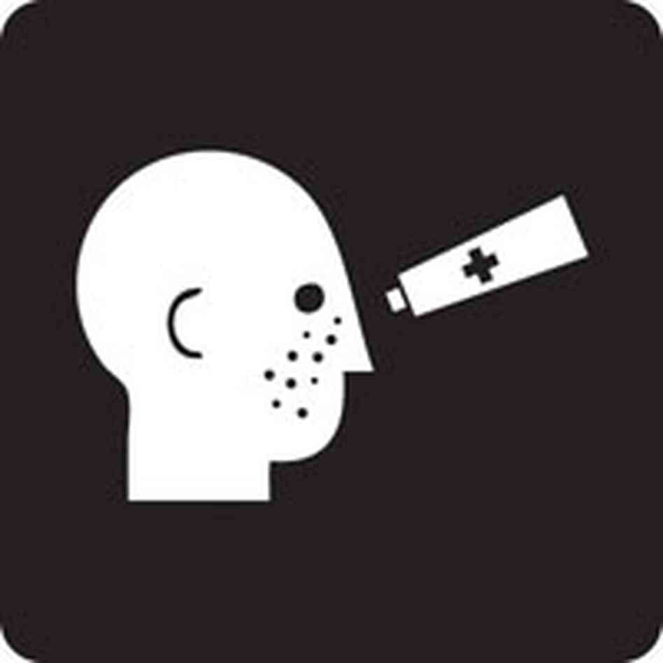 graphic of face sprayed with medicine from tube. graphic of face sprayed with medicine from tube.