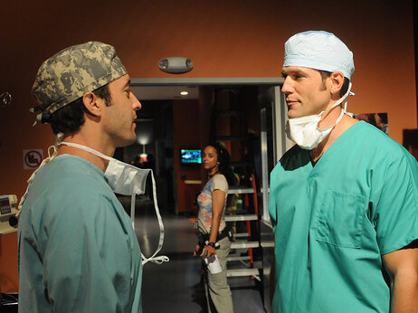 Dr. Travis Stork, right, makes a guest appearance on the CBS show Three Rivers.