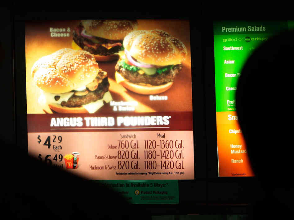 Burger menu with calorie counts