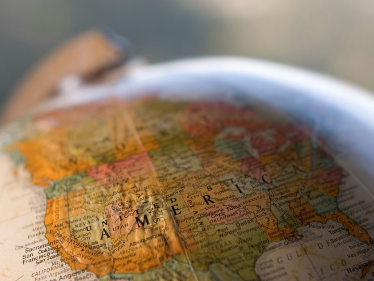 Globe zoomed in on North America.