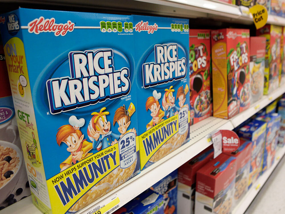Rice Krispies boxes in grocery store.