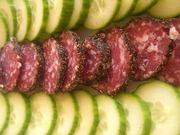 Salami and cucumbers, sliced.