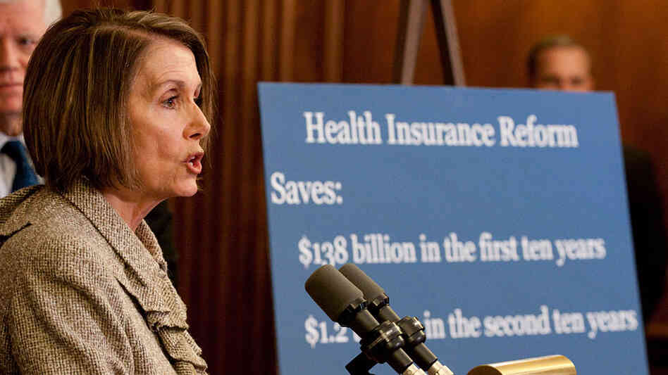 House Speaker Nancy Pelosi reviews health overhaul costs in a Capitol Hill briefing Thursday.