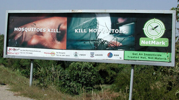 Roadside billboard in Nigeria promotes insecticide-treated nets for malaria prevention.