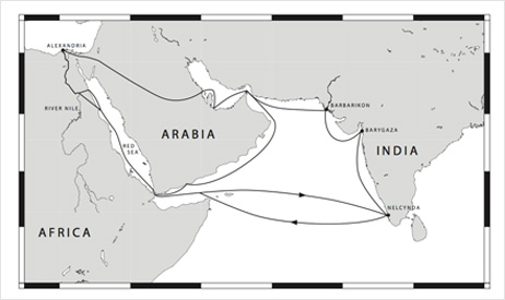 A map showing ancient trade routes between Alexandria and western India