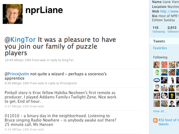 Liane Hansen's Twitter page.  Weekend Edition has embraced independent interactive projects as well.