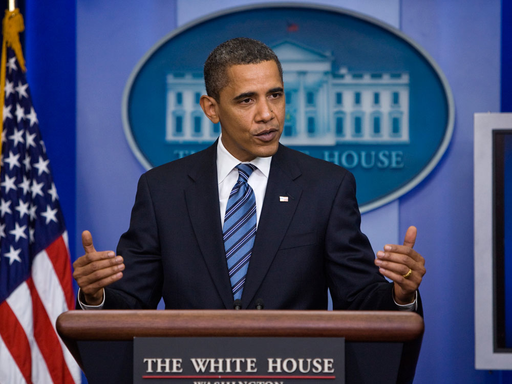 President Obama speaks as he makes an unannounced visit to the daily White House Press Briefing to comment on his remarks made during a previous prime-time press conference on July 24, 2009 in Washington, DC. (Kristoffer Tripplaar-Pool/Getty Images) 