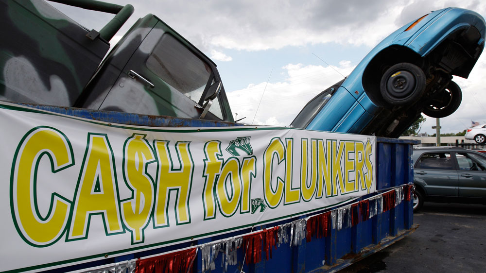 cash for clunkers display at dealership.
