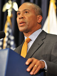 Massachusetts Gov. Deval Patrick briefs reporters on the special election to replace Sen. Edward Kennedy.