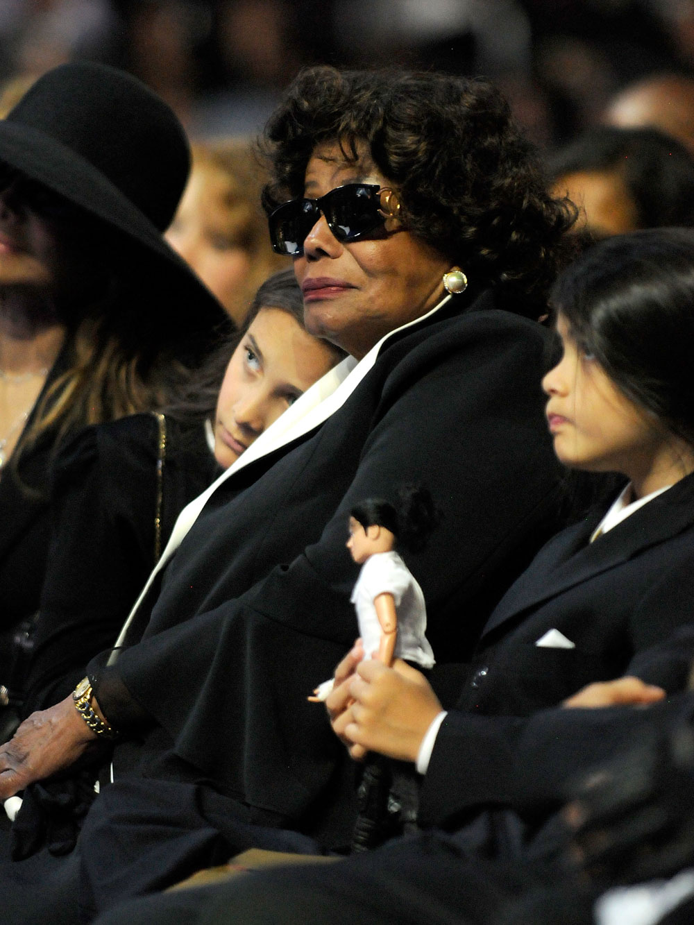 LOS ANGELES, CA - JULY 07:  In this handout provided by Harrison Funk and Kevin Mazur, Paris Michael Katherine Jackson, Katherine Jackson and Prince Michael II attend Michael Jackson's Public Memorial Service held at Staples Center on July 7, 2009 in Los Angeles, California.  (Photo by Kevin Mazur/MJ Memorial via Getty Images)