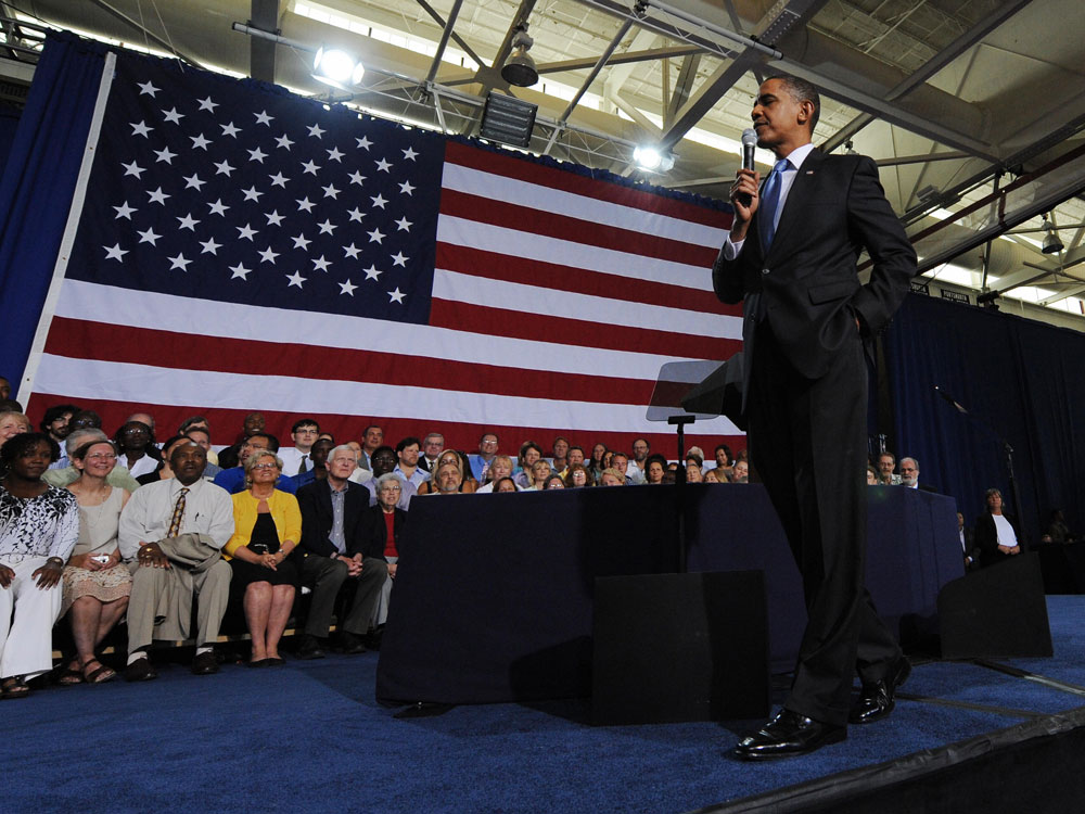 President Barack Obama speaks during a town hall meeting on health care reform at the Portsmouth High School in Portsmouth, New Hampshire, on August 11, 2009. (Jewel Samad/AFP/Getty Images)