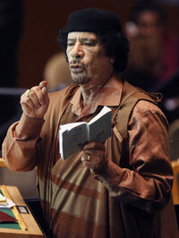 Libyan leader Moammar Gadhafi speaks at the 64th session of the General Assembly at United Nations headquarters, Wednesday, Sept. 23, 2009. (AP Photo/Seth Wenig)