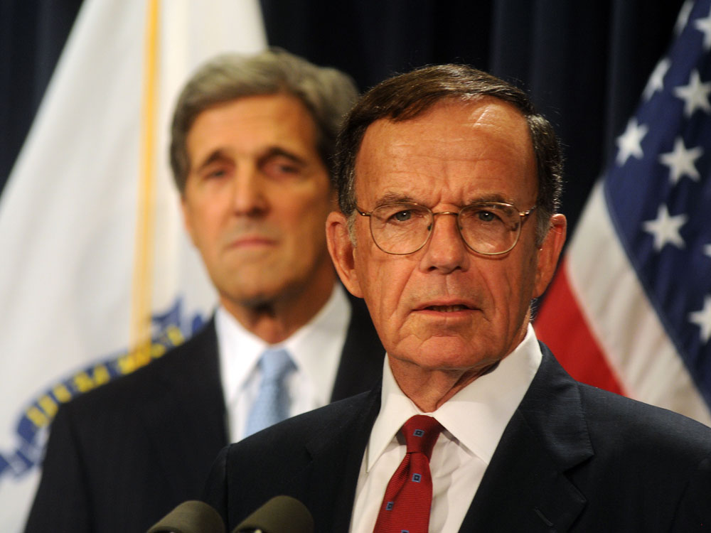 BOSTON, MA - SEPTEMBER 24:  Paul G. Kirk Jr. (D-MA) speaks as U.S. Senator John Kerry (D-MA) (L) looks on at a press conference on September 24, 2009 at the Statehouse in Boston, Massachusetts. Kirk, the former Democratic National Committee (DNC) chairman, was chosen to serve as the state's interim senator -- succeeding the late Edward Kennedy.  (Photo by Darren McCollester/Getty Images) 