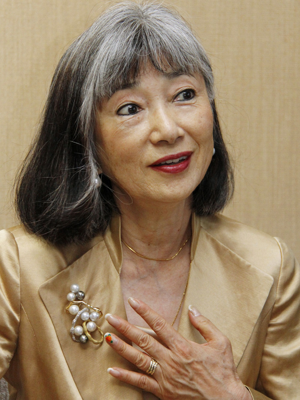 TOKYO, Japan - Miyuki Hatoyama, the wife of Democratic Party of Japan President Yukio Hatoyama, speaks in a recent interview with Kyodo News in Tokyo. (Kyodo via AP Images)
