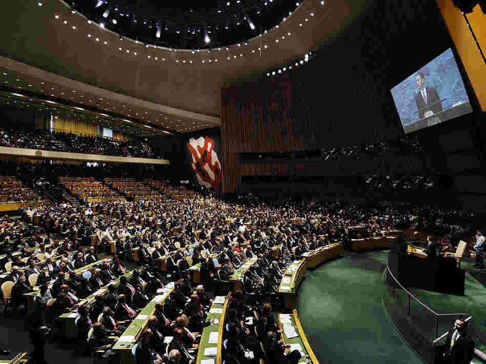 President Barack Obama addresses the U.N. General Assembly on Sept. 23, 2009. (Jeff Zelevansky/Getty