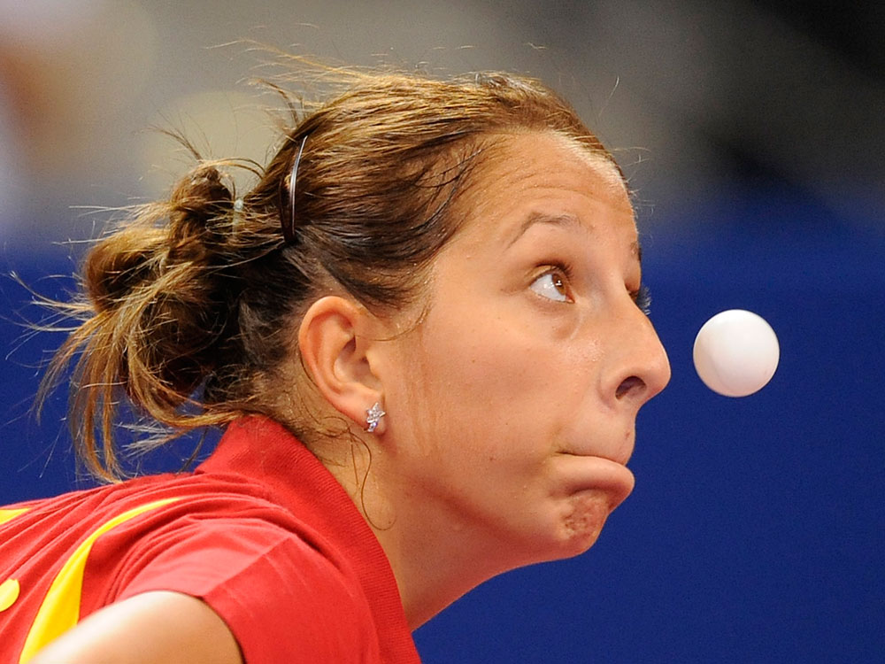 Table tennis player Elisabeta Samara from Romania during the women's first round match against Luxembourg's Danielle Kronsbruck at the European Table Tennis Championships in Stuttgart, Germany, Thursday, Sept. 17, 2009. (AP Photo/Daniel Maurer)