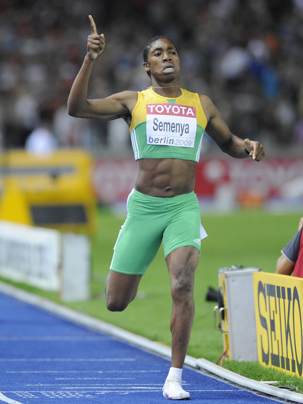  A file photo taken on August 19, 2009 shows South Africa's Caster Semenya celebrating after winning the women's 800m final race of the 2009 IAAF Athletics World Championships in Berlin. (Olivier Morin/AFP/Getty Images)
